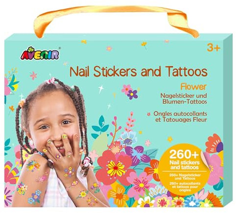Avenir Kreativ-Set Nagelsticker & Tattoos, Motiv: Blumen, temporäre Aufkleber für Kinder ab 3 Jahren