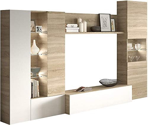 Mobelcenter – Mueble de Salón – Módulo TV, Módulo Vertical y Vitrina con Leds – Acabado Color Roble Canadian y Blanco Brillo – Medidas: Ancho: 260 cm x Fondo: 42 cm x Alto: 185 cm - (0735)