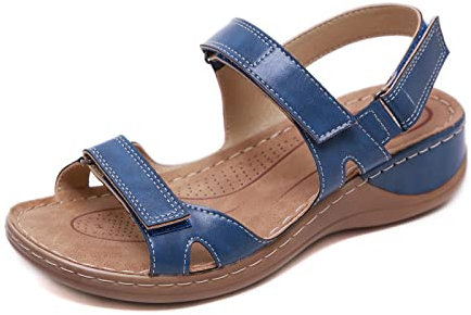 SWZEC Sandales Femme Été Confortable Talon Compensées Nu-Pieds Mode Chaussure Orthopédique Bout Ouverte Casual Cuir PU Grande Taille Claquettes Plats Scratch Plage Vacances Bleu 43