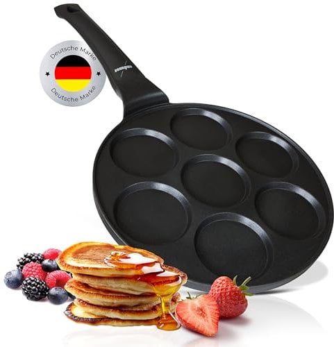 endusor Padella Pancake a induzione - Ø26cm padella per pancake antiaderente | Per Fornelli a Induzione Gas Ceramica Elettrici Alogeni | Piastra 7 stampi per Pancakes Uova Fritte Frittate Poffertjes