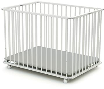 WEBABY - Laufstall Baby Faltbar Holz mit rollen und matte70x100 Weiß | Faltbarer Laufstall | 3 Stufen Höhenverstellbar | Waschbarer Boden | Für Kinder bis 24 Monate