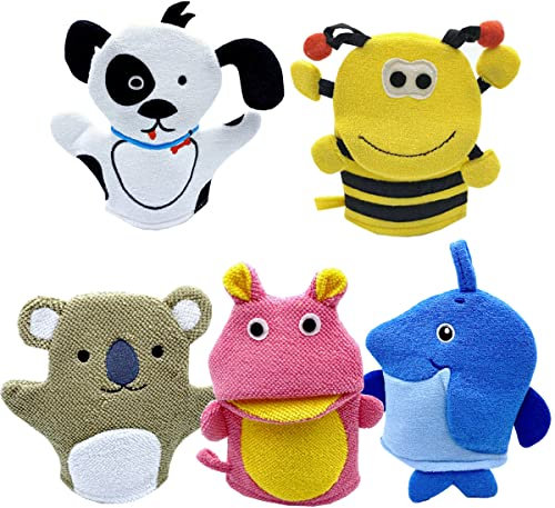Eyands Lot de 10 gants de toilette pour bébé avec petite éponge – Motifs d'animaux mignons pour enfants, gants de bain pour nettoyer la peau (requin, koala, chien, hippopotame, abeille)
