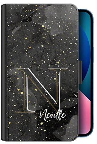 Personalised Apple iPhone Case - Custom PU Leather Flip Cover, 11-15 Pro Max, Mini, XR, XS, SE, White, Grey, Charcoal, Marble, Initials