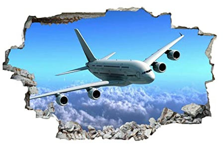 Flugzeug 3D Wandtattoo I Wandbild Himmel Wandaufkleber I Wandsticker Durchbruch Wolken Poster Fensterblick I Wand Deko Aufkleber für Wohnzimmer Schlafzimmer Küche Türaufkleber