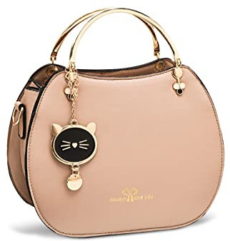 NICOLE & DORIS Runde Umhängetasche Damen Handtasche Klein Tasche Mode Crossbody Bag Damen PU Leder Henkeltasche Niedlich Schultertaschen Handytasche mit Katze Anhänger Khaki