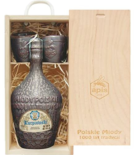 Kurpiowski Met Dwójniak-Halber (Keramik) Geschenkset in einer leichten Holzbox | 500ml | 16% Alkohol Metwein | Polnische Produktion