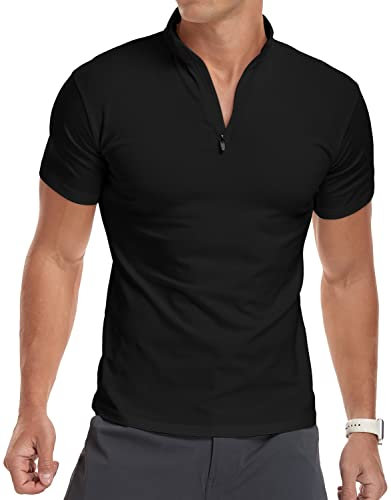 KUYIGO Men's Spring Autumn 1/4 Zip Sports Tops Casual Short Sleeve Gym Running Polo Shirts Outdoor Warm Hiking Fishing Shirts S Black