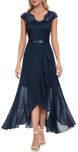 Bbonlinedress Abendkleid elegant für Hochzeit Spitzenkleid Chiffon Kleid Brautkleid Party Abschlusskleid lang Winter Ballkleid Navy 3XL