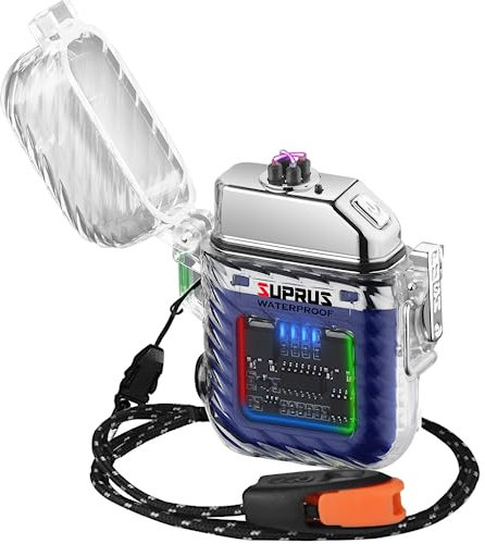 SUPRUS Encendedor luminoso de 3 modos de linterna, resistente al viento, impermeable, encendedores eléctricos recargables, encendedor de plasma de doble arco con silbato de emergencia de supervivencia