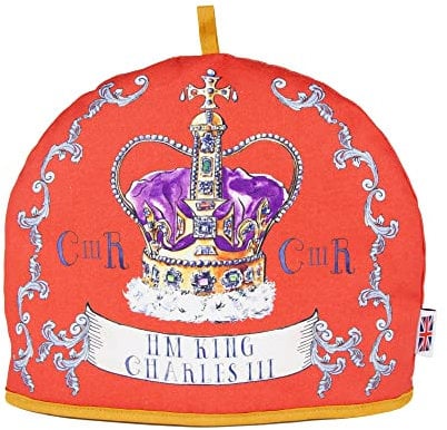 Muldale King Charles Coronation Tea Cosy for Teapot Large - Red Tea Cosies Crown Design Insulated - Large 100% Cotton Teapot Cozy with Extra Thick Wadding - Tea Cosy Covers