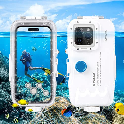 PULUZ Coque pour iPhone 15 Pro Max/ 15 Plus/ 14 Plus/ 14 Pro Max / 13 Pro Max / 12 Pro Max / 11 Pro Max - Valve unidirectionnelle de 40m Étanche pour Natation, plongée avec Tuba Surf Photo et vidéo