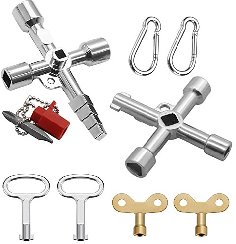 HKQP Clé Multifonction 4 Voies 6 Pièces - Triangle, Interrupteur de Robinet, Croix Universelle, Passe Partout - Pour Compteur Eau, Radiateurs - 2 Mousquetons Inox