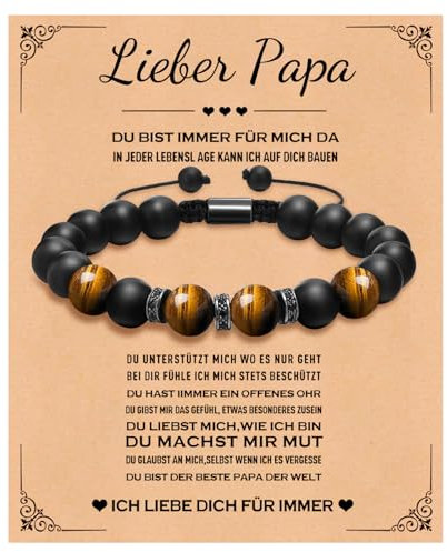 XUANPAI Armband Herren Damen Perlen aus Natursteine Tigerauge Stein Schwarzer Onyx Stein 10mm Perlenarmband Verstellbare Armbänder, Geschenke Für Männer und Frauen (Papa)