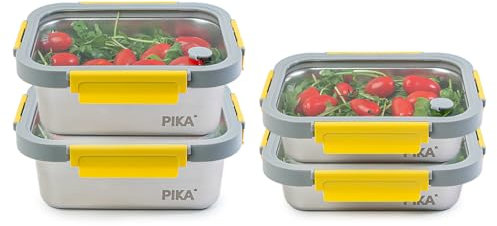 PIKA - Lot de 4 boites alimentaires en inox et couvercle en verre trempé - 2x 820ml + 2x1200ml - Compatible micro-ondes - Ideal pour batch cooking - MetalShock