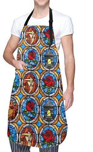 IUBBKI 84 x 70 cm Latzschürze Die Schöne und das Biest, Märchen-Glas, verstellbare wasserdichte Schürze mit Taschen für Küche, Kochen, Koch, Damen und Herren, Siehe Abbildung, 70cmx84cm(28x33in)