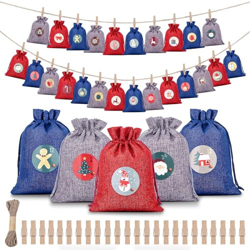 Adventskalender zum Befüllen, 24 Stück Weihnachtskalender zum Befüllen Groß+ Adventskalender Zahlen Holzetikett, Tüten Adventskalender Säckchen DIY Weihnachtsdeko, Adventskalender 2024 Kinder