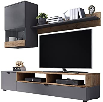 Mirjan24 Wohnwand Pat, Wohnmöbel, Wohnzimmer-Set, Elegante, Wohnzimmer Kollektion, Stilvolles TV-Lowboard, Vitrine, Wandregal (Grau/Eiche Lefkas, ohne Beleuchtung)