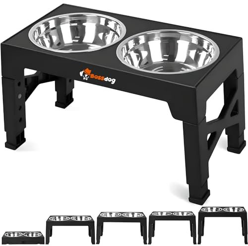 Bossdog Adjustable Elevated Dog Bowls With Stand | Premium Dog Feeding Station Raised Dog Bowl Stand With Adjustable Height and Non-Slip Design | Features Two Stainless Steel Dog Feeding Bowls (Black)