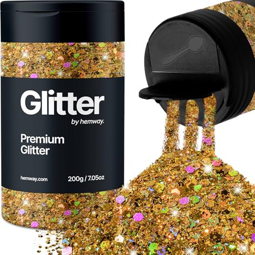 Hemway Premium Glitter Shaker - Gold Holographic | 210g Multi Size Metallic Flake Sequins for Resin & Epoxy Crafts | Craft Supplies for Tumblers, Festival, Hair, Face, Body, Eye & Nail Art