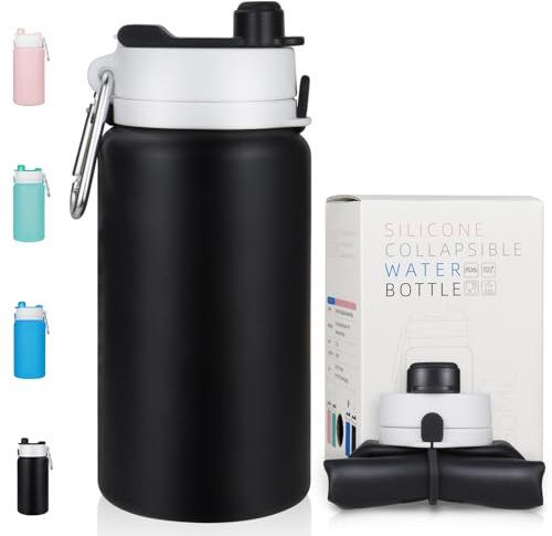 NAVTUE Faltbare Trinkflasche, 550 ml Faltbar Wasserflasche, BPA Free Wiederverwendbar Auslaufsicher Reise-Silikon-Wasserflasche für Reisen, Fitnessstudio, Wandern, Büro, Camping (Schwarz)