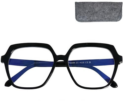 Stilvolle Moderne Blaufilter Damen Sechseckig mit große kratzfeste Gläsern, Etui, Leichten Kunststoff Brillengestell (Schwarz), Blaulichtfilter Brille Damen +2.5 Dioptrien