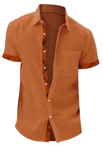 Yowablo Trachtenhemd Herren Kurzarm Sommerhemd für Herren, kurzärmelig, lässig, Manschettenkragen, Flip-Kragen-Oberteil Herren Hemd (Orange, XXXXL)