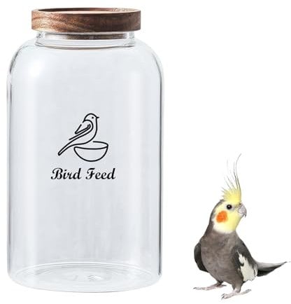 Ctomche Bird Food Storage Container,Airtight Pet Food Container for Bird Seed,Glass Seed Container Bird Seed Storage Tin,3.5L Pet Food Jar with Wooden Lid Clear Food Storage Container for Bird