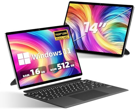 PC Portatile 2 in 1, Notebook 16 GB LPDDR5+512 GB ROM SSD N100 CPU Laptop, tablet touch screen FHD da 14 pollici 1920*1200, WIFI6 BT 5.2/Type-C/Micro HDMI, Tastiera staccabile con custodia in metallo
