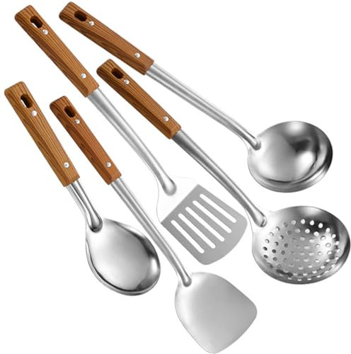 Juego de 5 utensilios de cocina de acero inoxidable, espátulas, cucharones de sopa, espátulas, espátulas, espátulas, mango de madera, utensilios de cocina