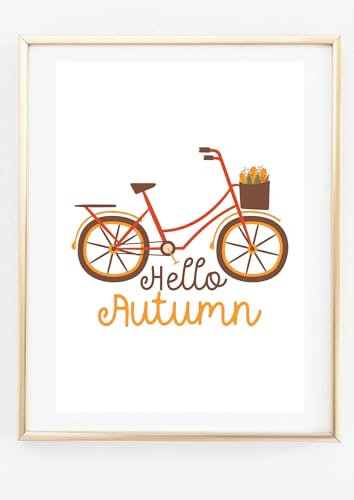 Din A4 Kunstdruck ohne Rahmen - Hello Autumn - Hallo Herbst - Blatt Blätter Fahrrad Natur - Deko Bild Druck Poster Bild