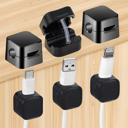 ZEYIYER 6PCS Magnetic Cable Clips, Self Adhesive Cable Holder Powerful Desktop Cord Organizer Wire Holder Stick on Cord Holder Concealed Phone Wire for Home Office Desk Car Nightstand (Black)