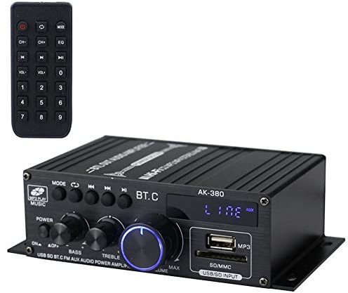 Uanratg Amplificador de Potencia Ak380 800W 12V Bluetooth EstéReo Hogar Coche Bass Amplificador de Audio Reproductor de MúSica Altavoz de Coche Clase D FM USB/SD