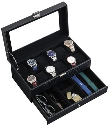 ProCase Uhrenbox mit 12 Fächern, Uhrenkasten mit Glasdeckel, 2 Ebenen, Uhrenkoffer mit herausnehmbaren Uhrenkissen Uhrenschatulle für Schmuck, Ringe, Armbänder und Halsketten -Eidechsenschwarz