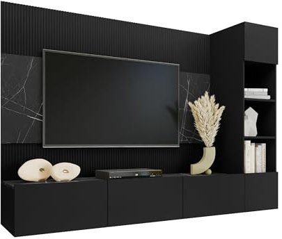Mirjan24 Wohnwand Deromi, Anbauwand mit Wandpaneele und TV-Lowboard, Akustikplatten, Fernsehschrank, Schrankwand, Mediawand, TV-Lowboard (Schwarz + Schwarz Marmor, 1x Hängeregal)