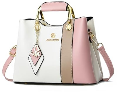 NICOLE & DORIS Handtasche Damen Designer Umhängetasche Kleine Schultertaschen PU Leder Henkeltasche Mehrfarbige Crossbody Bag Mädchen Kuriertaschen mit Anhänger Weiß mit Rosa