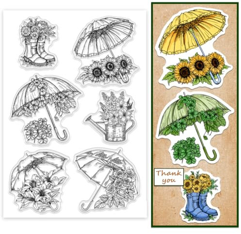 PH PandaHall Regenschirm Clear Stamp Blume Stiefel Transparent Stempel Sonnenblume Rose Stempel Lilie Pflanzen Siegel Stempel für Kartenherstellung DIY Scrapbooking Fotoalbum Notebook Craft 16×11 cm