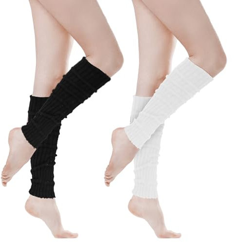 Psyqtsuary 2 Paar Leg Warmers Longlegs Langer Beinwärmer Damen Crochet Stricken Stulpen Damen Winter Legwarmers Overknees Beinstulpen, Schwarz, Weiß, in Einheitsgröße