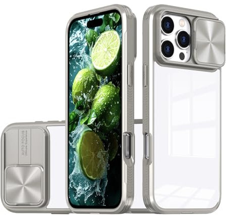 Dqtaoply Phone Camera Cover for iPhone 16 Pro Max Case, Clear Back + TPU Silicone Frame Heavy Duty Shockproof Protection Slide Camera Cover Case for iPhone 16 Pro Max - Grey