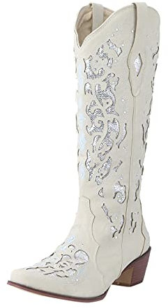 Stivali alti al ginocchio da donna, con borchie, stivali con tacco da cowboy, ricamati, stivali da donna a maniche lunghe, bianco, 38 EU