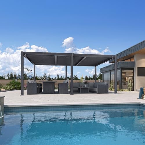 PURPLE LEAF Pergola 3.5 x 5.3 m Pavillon mit Verstellbaren-Lamellendach Terrassenüberdachung Wasserdicht Stabil Winterfest Voll-Aluminium Freistehend mit LED-Lichtleiste für Garten, Grau