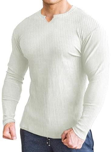 Lehmanlin Camiseta para Hombre, Manga Larga y Corta, Camisas Ajustadas con Cuello en V, Camisa Casual Elástica