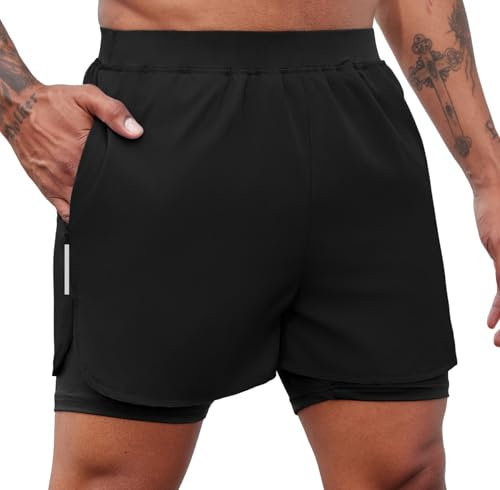 PINSPARK Shorts Herren Sport Sporthose Outdoor Kurze Sporthose 2 in 1 Gym Laufshort Frühling Schnell Trocknend Trainingsshorts Kompressions Basketball Shorts Schwarz M
