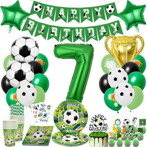 Fussball Deko Geburtstag Kinder 7 Jahre, Fussball Partygeschirr Set, Fussball Luftballon Tortendeko Pappteller Tassen Servietten, für Kindergeburtstag Deko