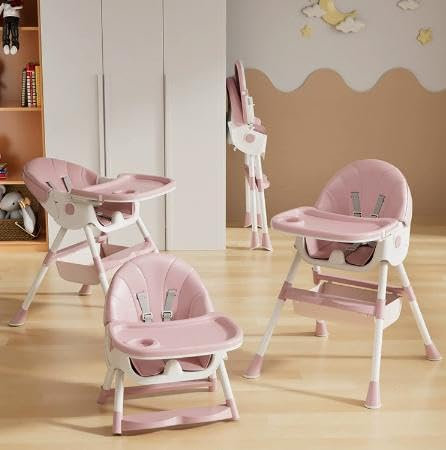 Chaise Haute Bébé 3 en 1, Chaise Haute Réglable et Convertible pour Bébés et Tout-petits, Compacte/Légère/Portable/Facile à Nettoyer-Quatre en un – Rose