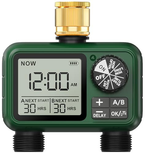 XinFuture Computer per irrigazione, 2 uscite, ingresso in ottone, grande display LCD, orologio per irrigazione, timer automatico con ritardo di pioggia, timer manuale/rubinetto, per giardino