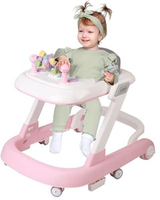 Lauflernhilfe für Babys, Rollator, höhenverstellbar, mit Esstablett, beleuchtetem Musikpiano, drehbarem Spielzeug, 2-in-1 Lauflernhilfe und Roller (68 x 53 x 50 cm, Rosa)