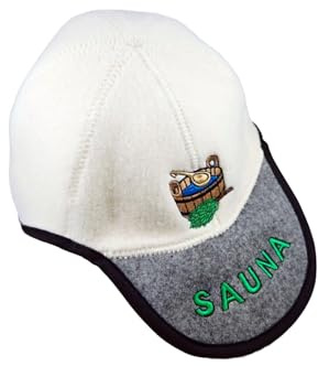 SAUNA Saunahut, Baseballkappen-Form, 100% Schafwolle, Weiß-Grau, mit Saunatub-Stickerei