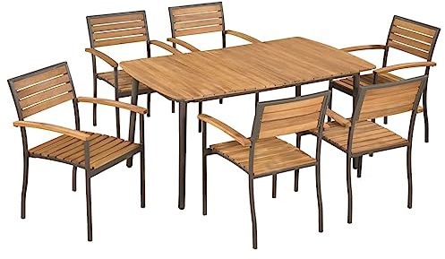 Qnhdfrt Garten Essgruppe aus Massivholz 6 Stapelstühle und Tisch Set 150x90 cm Akazie mit Stahlrahmen für Terrasse Garten und Balkon