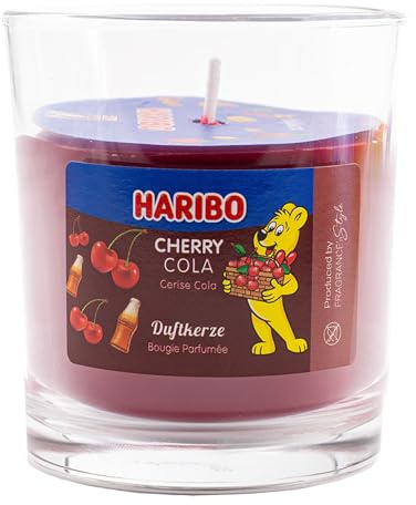 HARIBO™ Duftkerze Cherry Cola, Paraffinwachs, HxD: 8,5 x 7,5 cm, Kerze im Glas, Aromakerze, Geschenkidee, dunkelrot