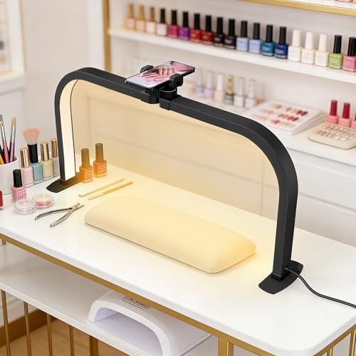 Lmaqfum 40W Nail Desk Lamp, 28 Nail Light for Desk with Phone Holder, Square Foldable Half Moon Light for Nail Desk, 3000-6000K Lash Lights for Lash Tech Eyelash Extension, Tattoo, Eyebrows (Black)